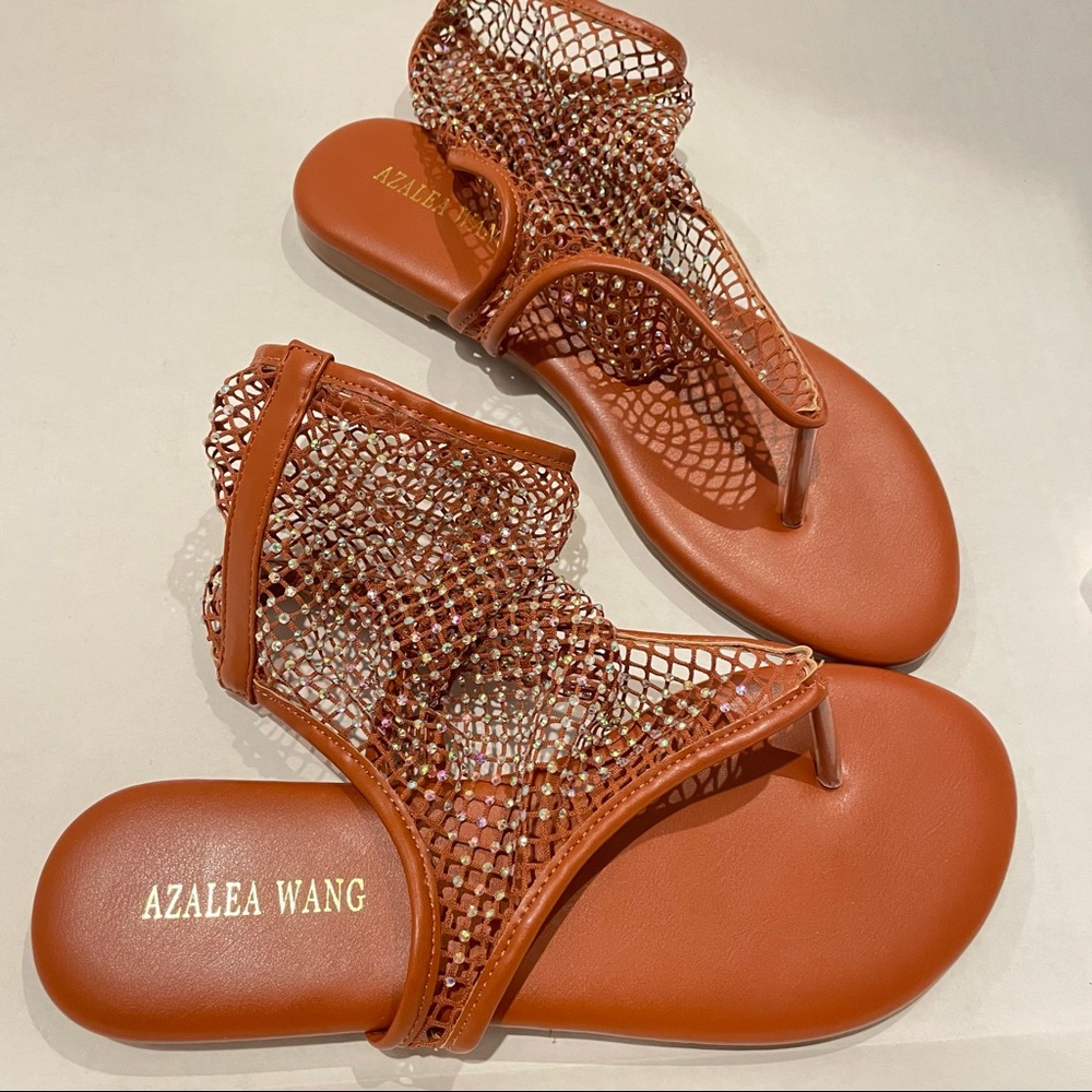AZALEA WANG - Flat Mesh Flip-flops Rhinestone Sandals - Picture 5 of 9